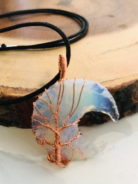 Opalite Moon Pendant, Opalite Crystal, Opalite Necklace, Wire Wrapped Copper Pendant, Boho Jewelry, Tree of life Crystal pendant