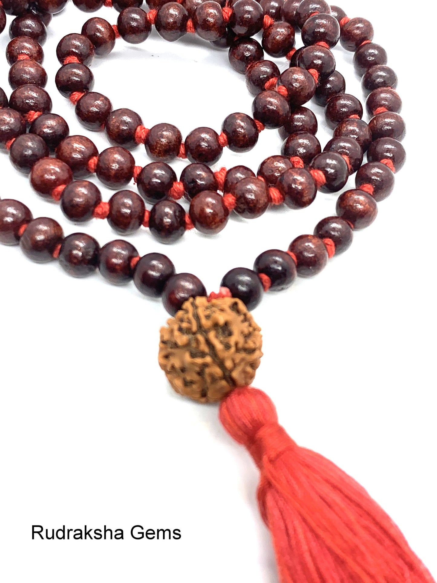 Classic 108 Knotted Meditation Mala with Rudraksha Guru bead | 8mm Indian Rosewood with Red / Cotton String Tassel | Elegant Yoga Necklace