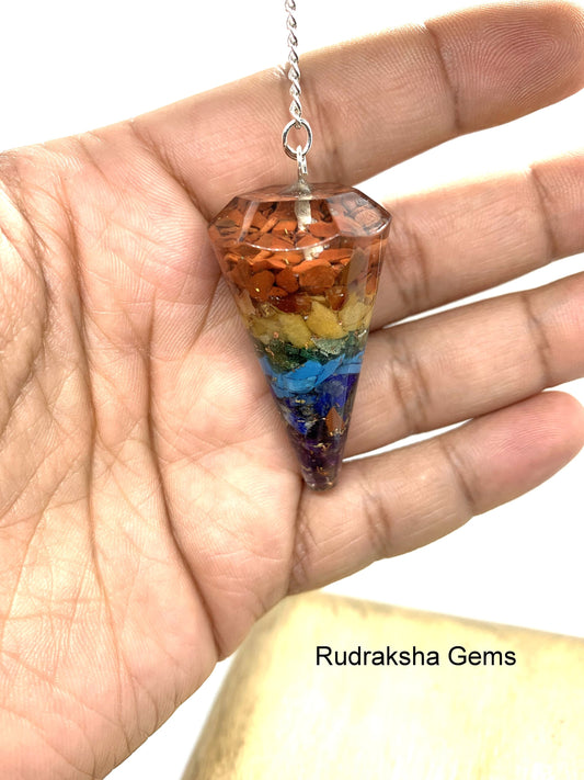 7 Chakra Orgone Point Pendulum Dowsing Crystal Dowser Scrying Reiki Chakra Healing, Healing pendulum, Natural crystals set in resin