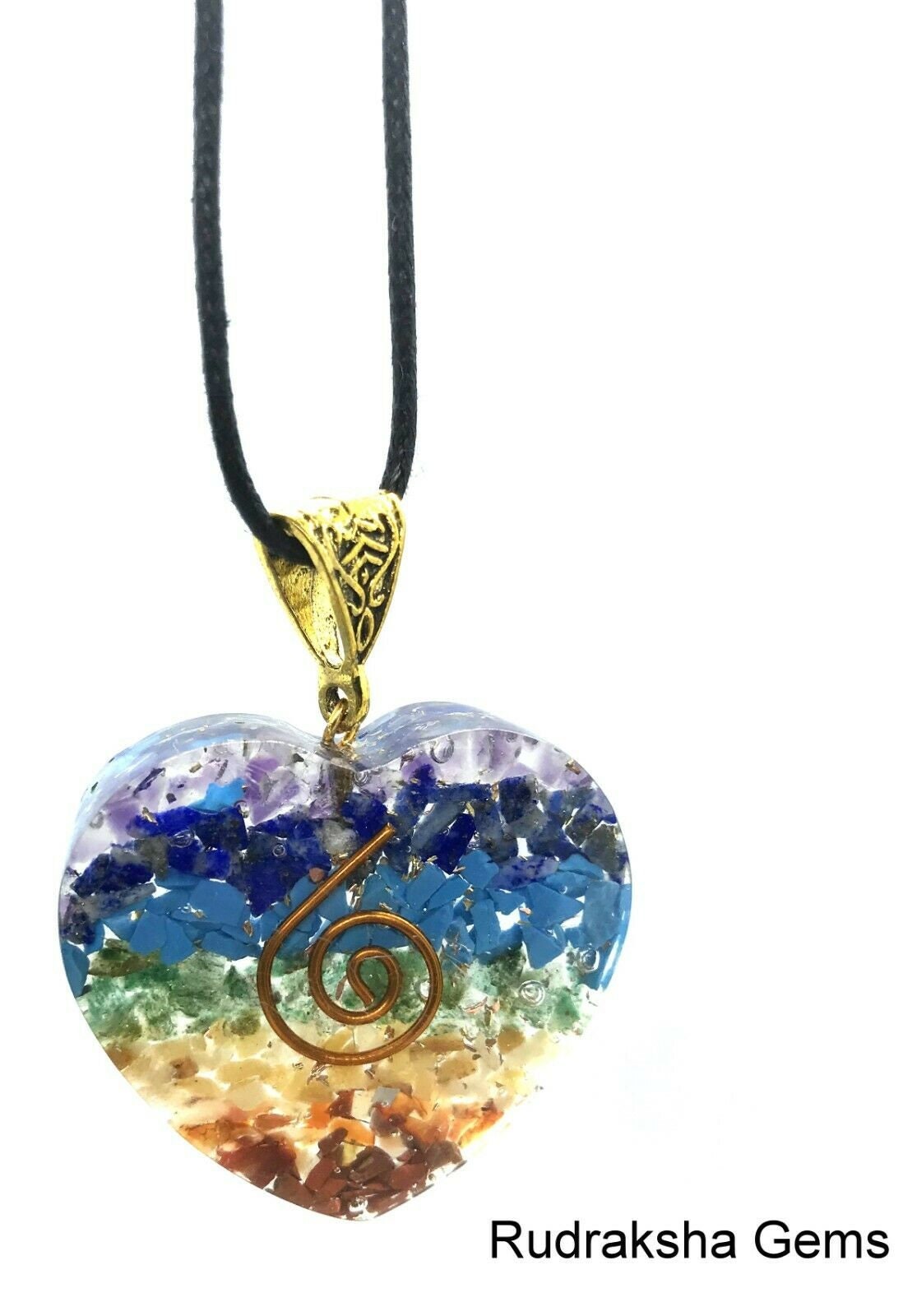 7 Chakra Heart Orgone Pendant Energized Brass Coil Chakra Crystal PENDANT With Black cord, EmF Shield OM Tree of life Flower of Life REIKI