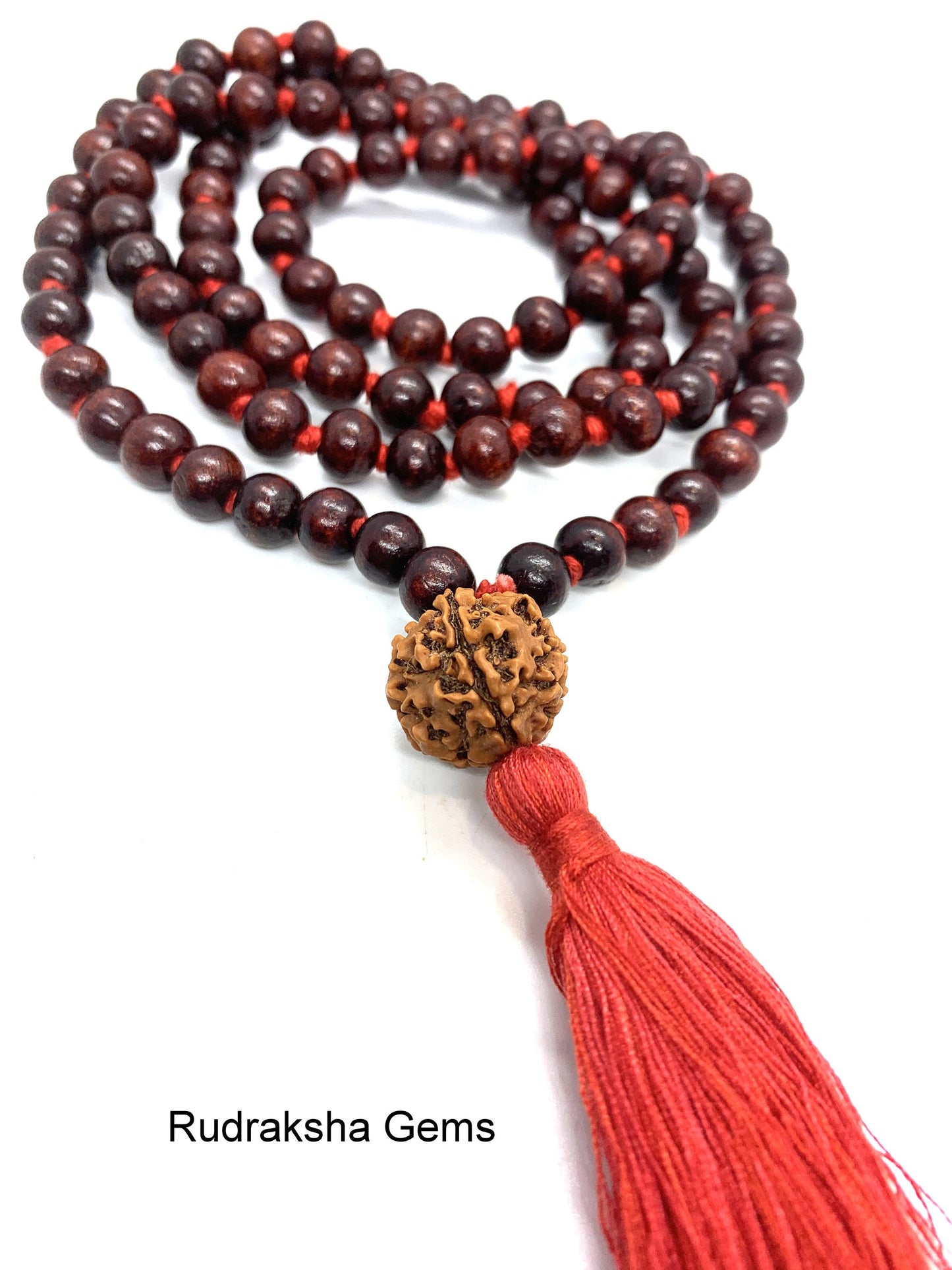 Classic 108 Knotted Meditation Mala with Rudraksha Guru bead | 8mm Indian Rosewood with Red / Cotton String Tassel | Elegant Yoga Necklace