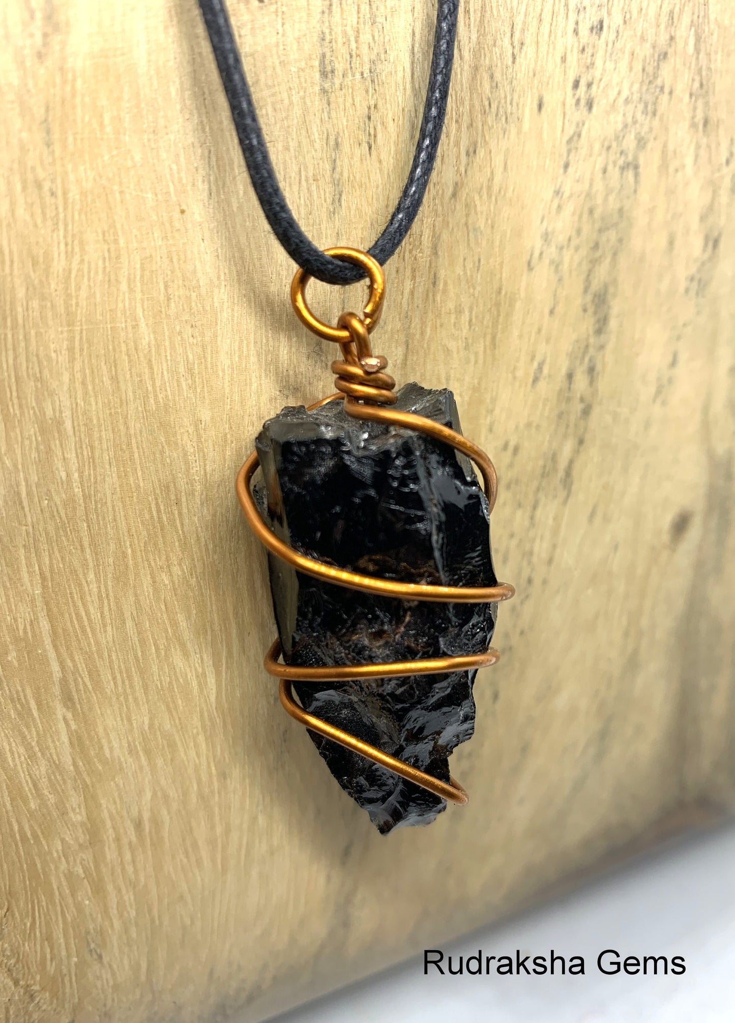 Black Raw Obsidian Copper Pendant Dragonglass Reiki Charged Cord Necklace, Black obsidian raw rough necklace, Wire Wrapped Jewellery Gift