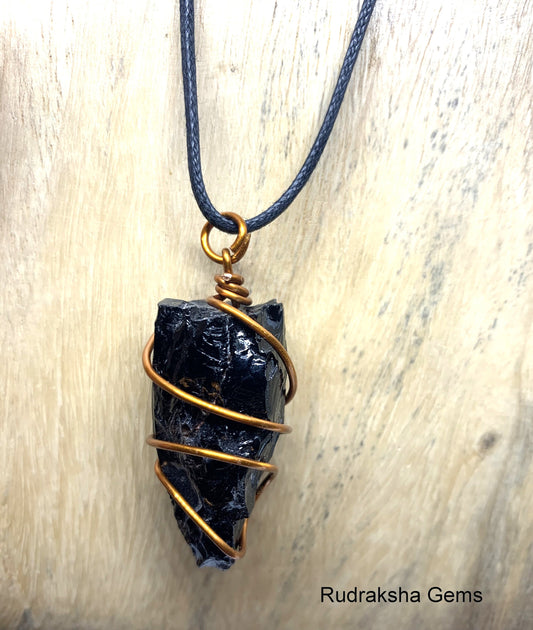 Black Raw Obsidian Copper Pendant Dragonglass Reiki Charged Cord Necklace, Black obsidian raw rough necklace, Wire Wrapped Jewellery Gift