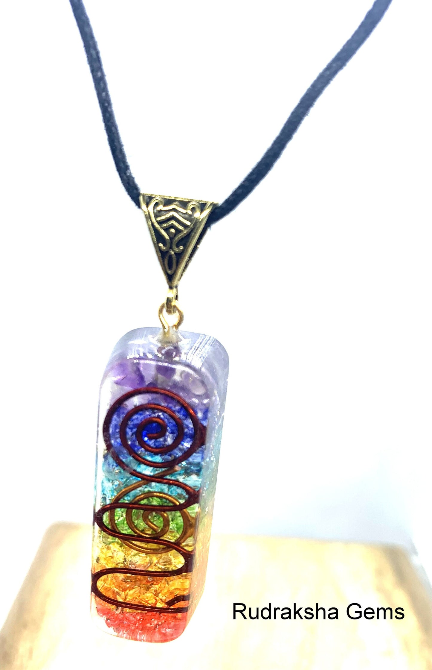 7 Chakra Orgone Pendant Energized Brass Coil Chakra Crystal PENDANT With Black cord, EmF Shield, Healing crystal orgone necklace