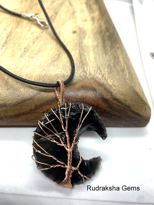 Black Obsidian Pendant, Obsidian Crystal, Protection Necklace, Wire Wrapped Copper Tree of life  Pendant, Boho Jewelry, Reiki Energy Charged