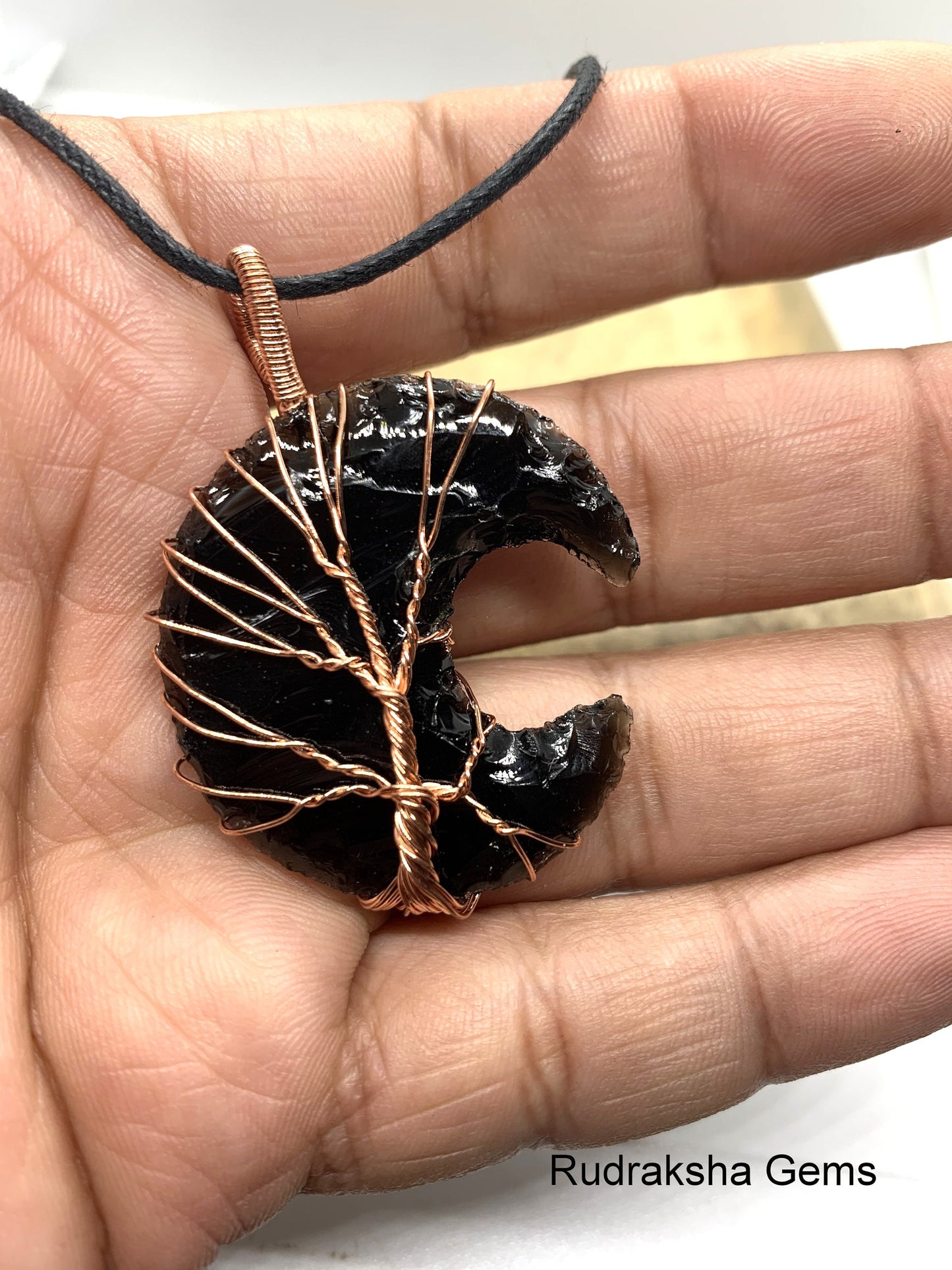 Black Obsidian Pendant, Obsidian Crystal, Protection Necklace, Wire Wrapped Copper Tree of life  Pendant, Boho Jewelry, Reiki Energy Charged