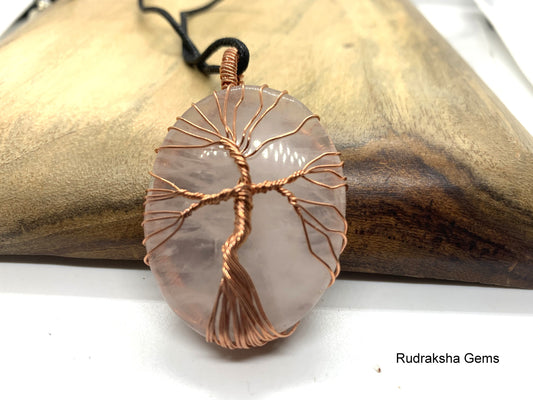 Copper Wire Wrapped Tree of life Rose Quartz Necklace, Rose Quartz Pendant, Rose Quartz tree of life copper Wrap, Rose Quartz Jewelry, Love