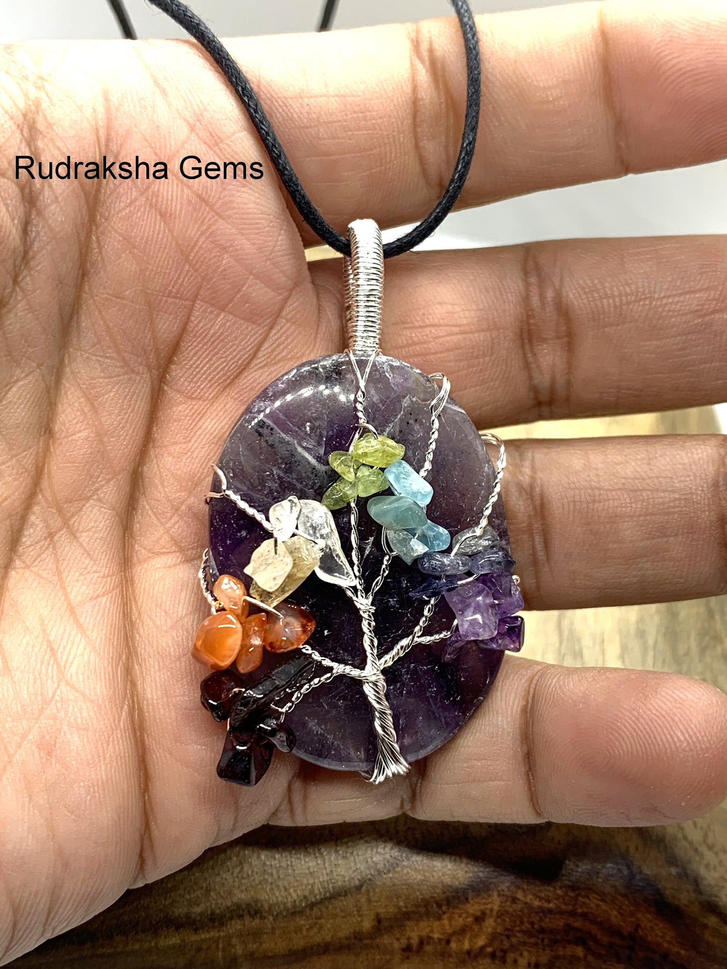 Amethyst Healing Chakra Pendant, Healing Chakra Pendant, healing Chakra Necklace, Natural gemstone Tree of life Amethyst Cabochon necklace