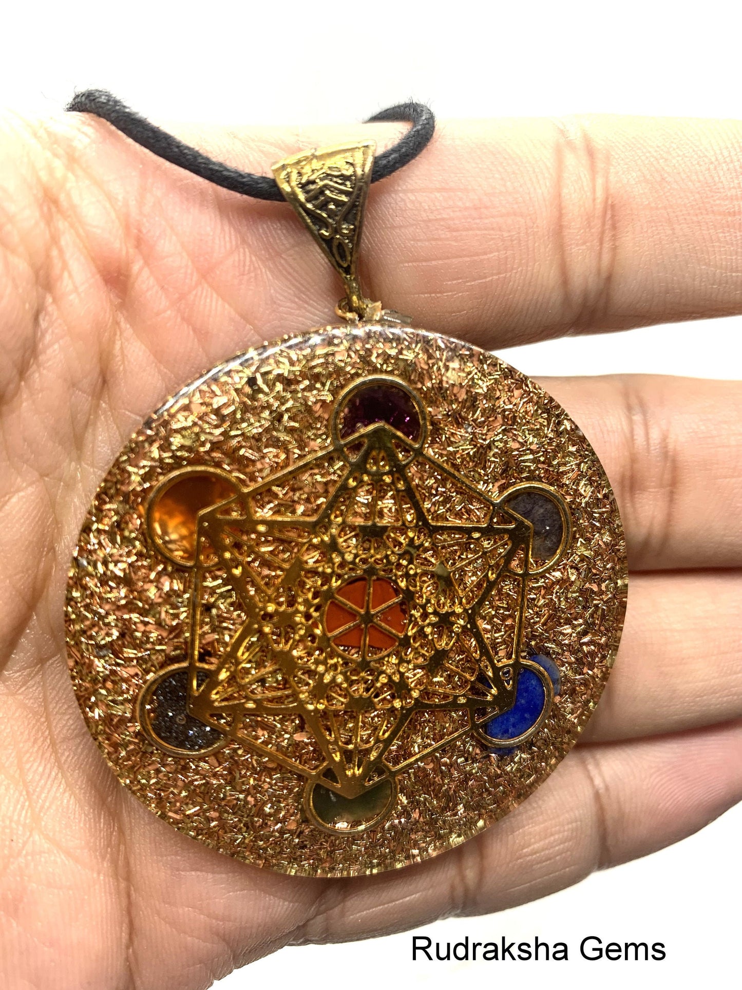 Golden Metatron's Cube Sacred Geometry Orgone energy pendant necklace & Authentic Seven Chakra stones, 2 inch Pendant, EMF Protection