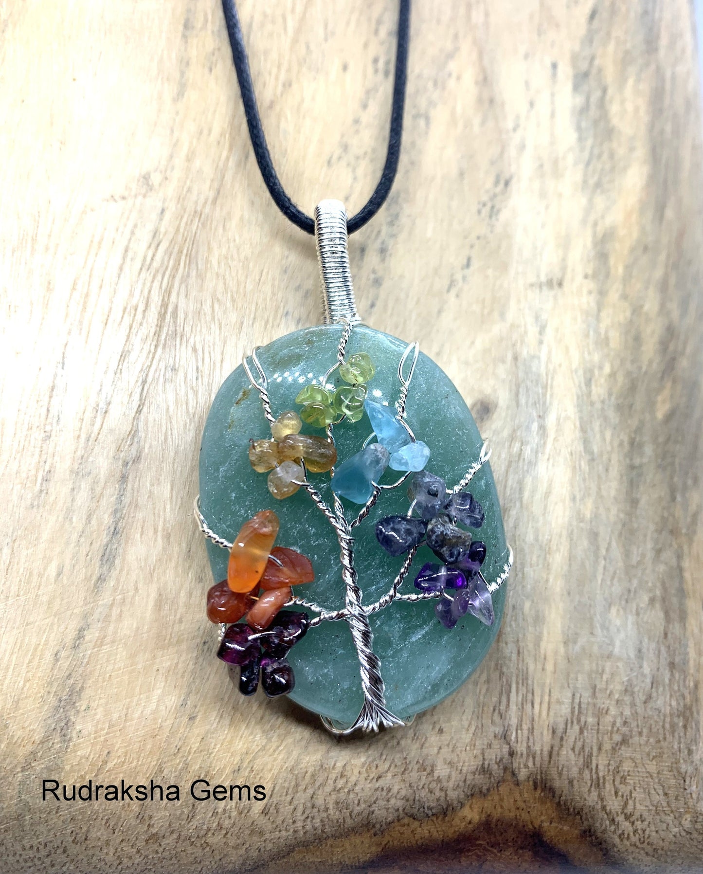 Green Aventurine Crystal Healing Pendant, 7 Chakra Pendant, Wire wrapped Natural gemstone Tree of life Green Aventurine Cabochon necklace