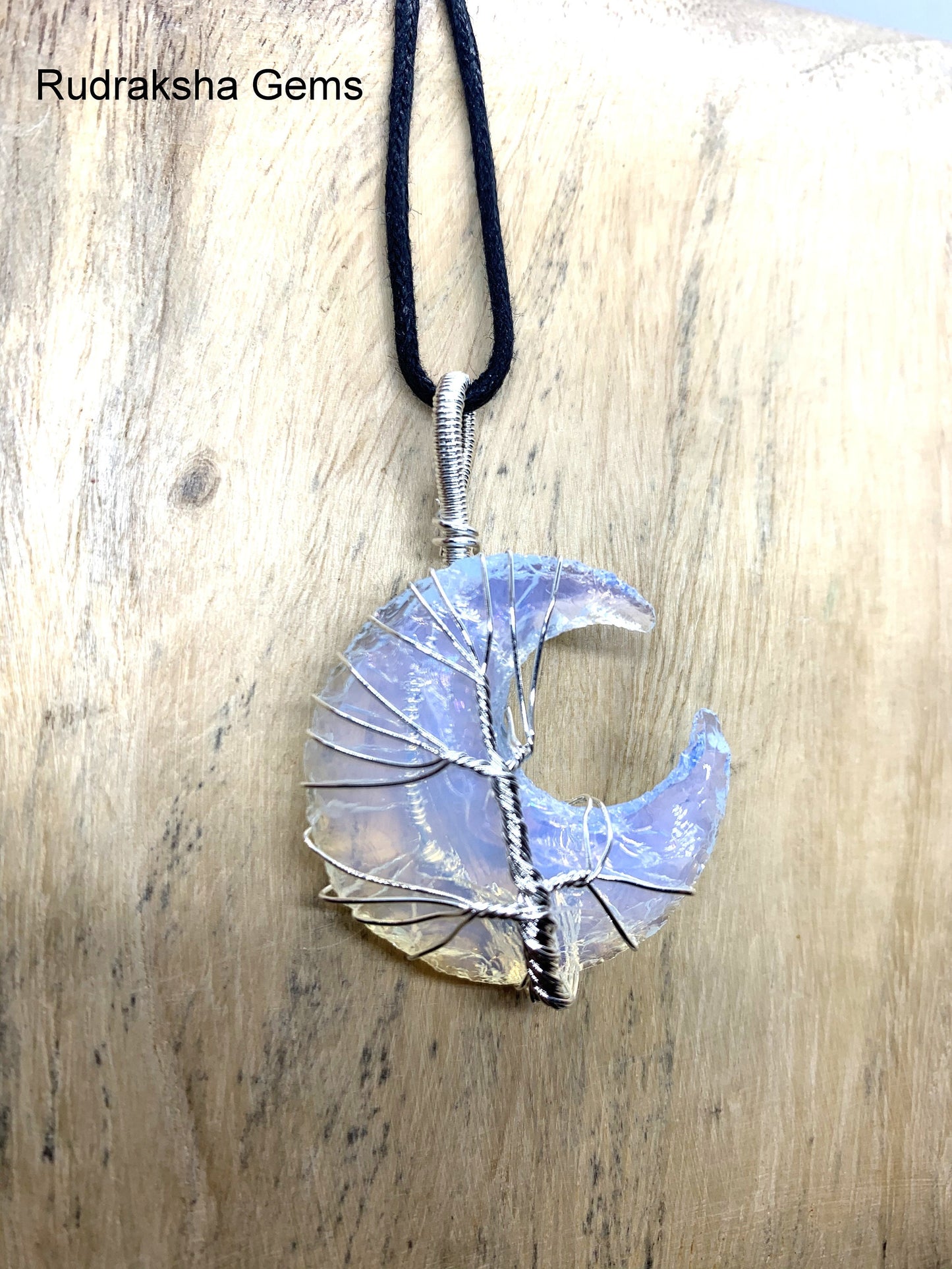 Opalite Moon Pendant, Opalite Crystal, Opalite Necklace, Wire Wrapped Silver tree Pendant, Boho Jewelry Reiki Energy Charged Crystal pendant