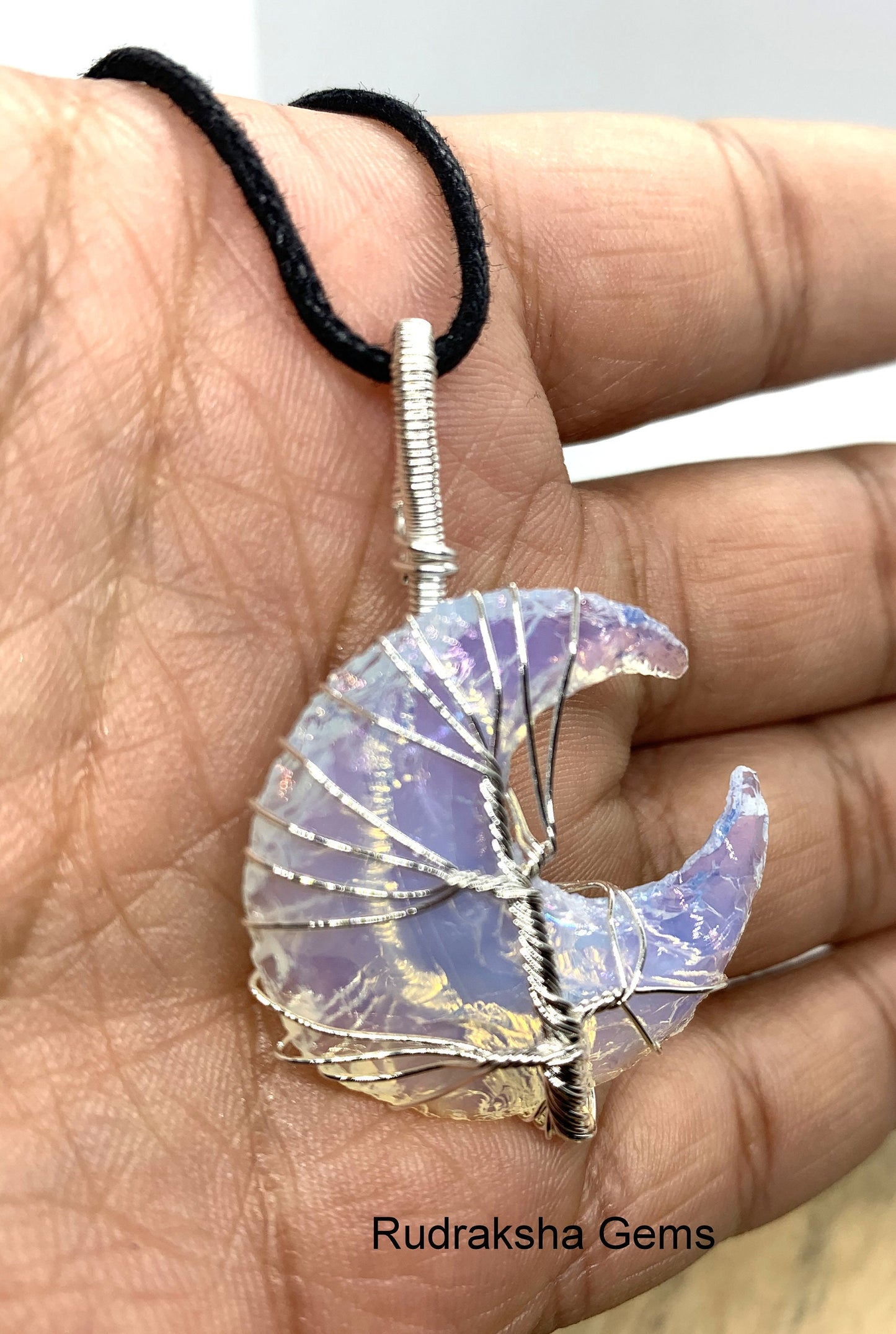 Opalite Moon Pendant, Opalite Crystal, Opalite Necklace, Wire Wrapped Silver tree Pendant, Boho Jewelry Reiki Energy Charged Crystal pendant