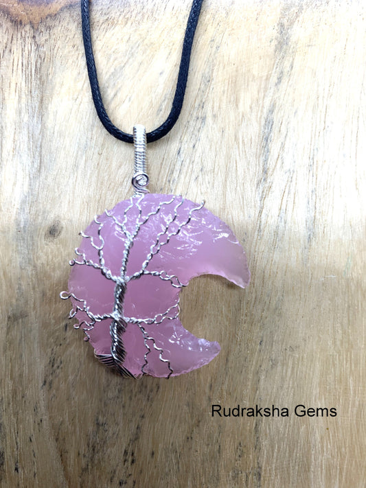 Pink Quartz Moon Pendant, Crystal, Pink Quartz Necklace, Wire Wrapped Silver tree Pendant, Jewellery Reiki Energy Charged Crystal pendant