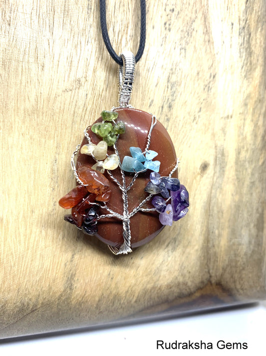 Red Jasper Necklace Crystal Necklace Red Jasper pendant Gemstone Necklace Red Jasper Protection Necklace, Tree of life 7 chakra Cabochon