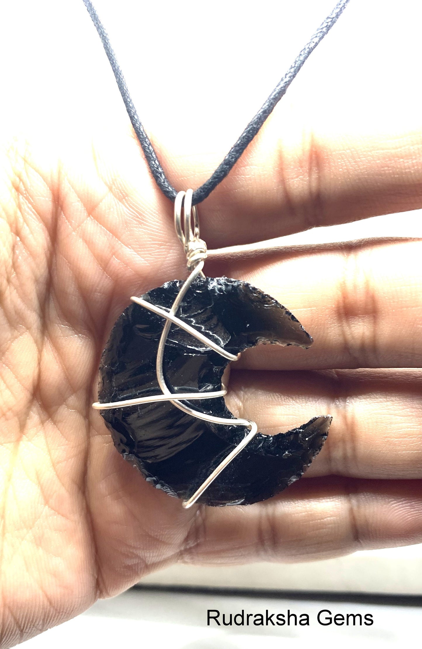 Black Obsidian Pendant, Crystal, Protection Necklace, Wire Wrapped silver Pendant, Boho Jewelry crescent, Reiki Energy Charged moon pendant