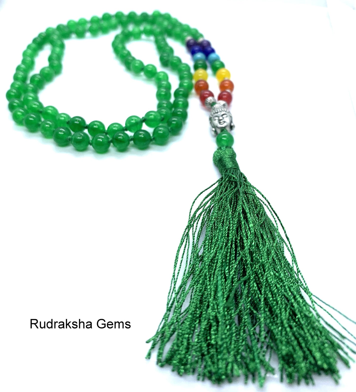 Green Jade 7 CHAKRA  Premium Tassel Mala Gem Stones ,Japa Mala 108 + 1 beads Meditation Rosary Prayer Yoga Bead Reiki Necklace, Green Jade