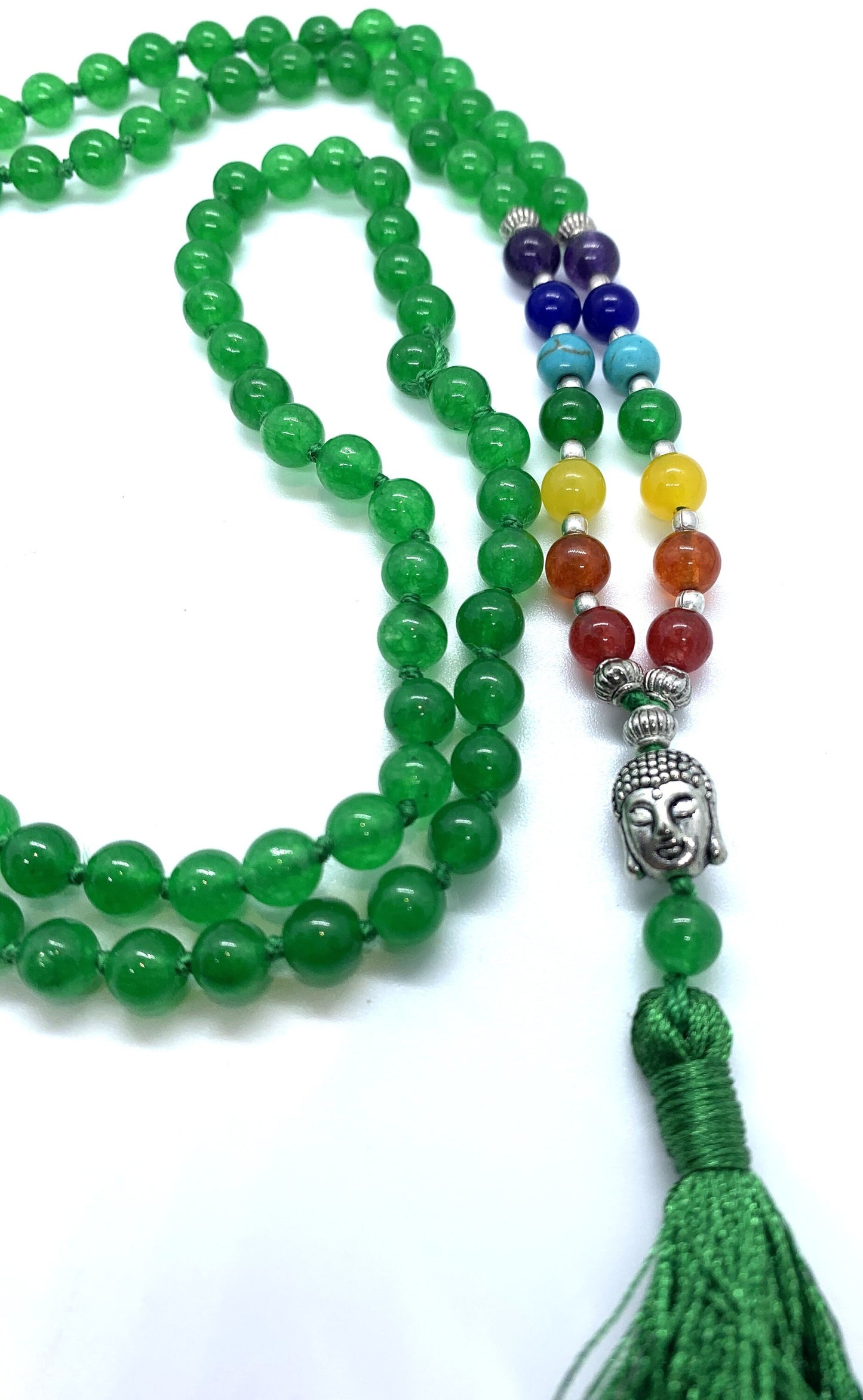 Green Jade 7 CHAKRA  Premium Tassel Mala Gem Stones ,Japa Mala 108 + 1 beads Meditation Rosary Prayer Yoga Bead Reiki Necklace, Green Jade