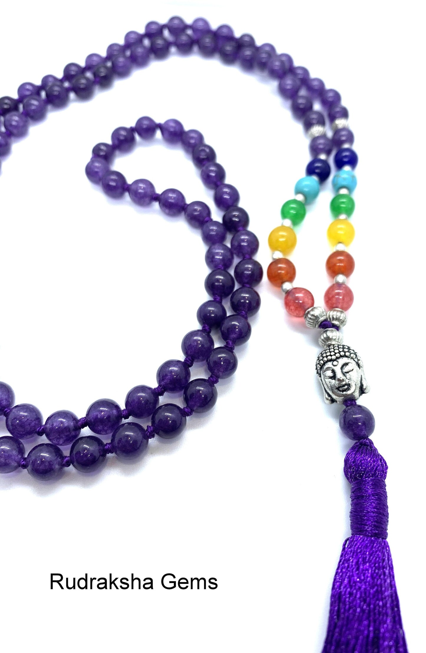 Amethyst 7 CHAKRA  Premium Tassel Mala Gem Stones ,Japa Mala 108 + 1 beads Meditation Rosary Prayer Yoga Bead Reiki Necklace, Amethyst Gift