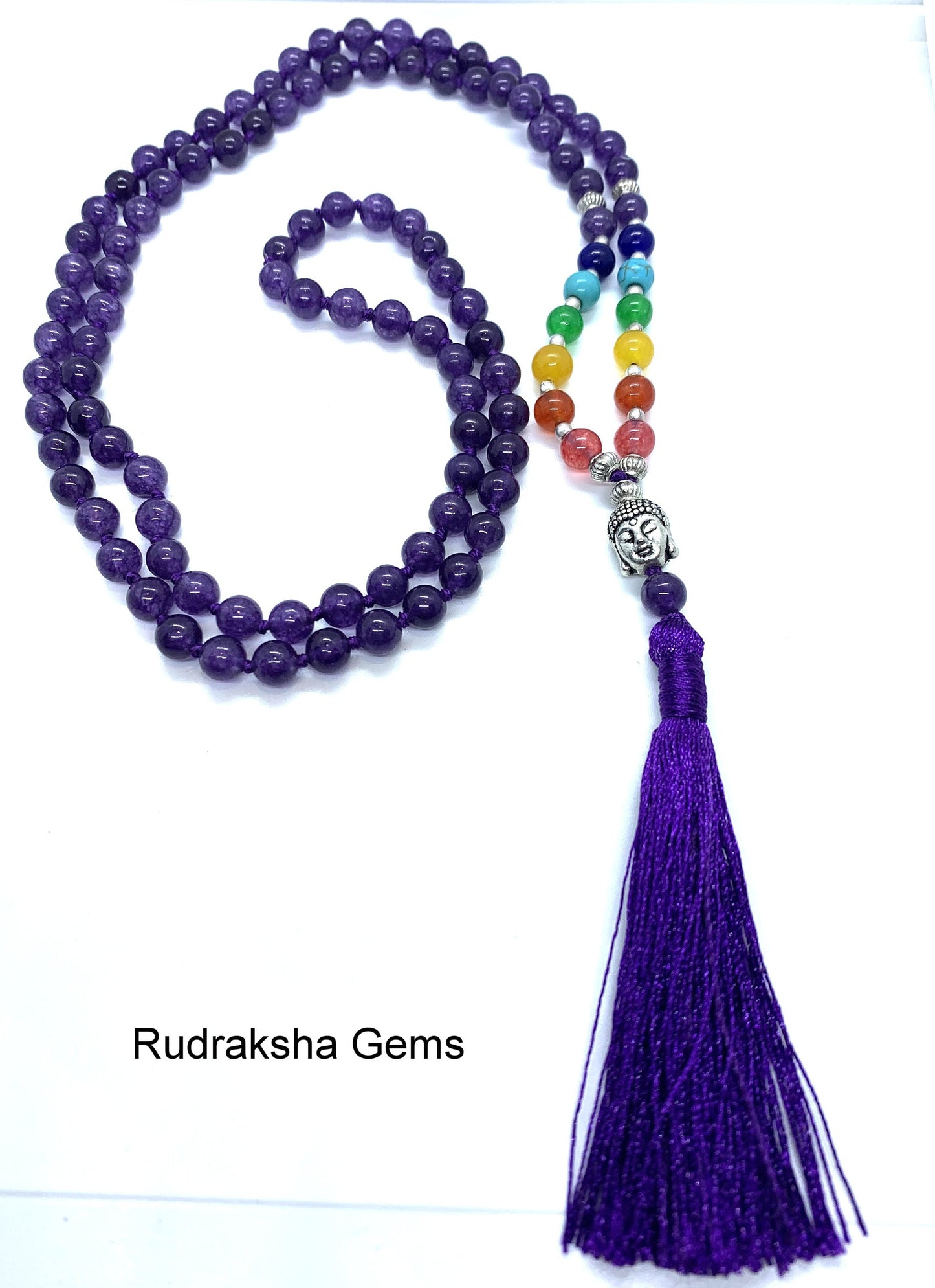 Amethyst 7 CHAKRA  Premium Tassel Mala Gem Stones ,Japa Mala 108 + 1 beads Meditation Rosary Prayer Yoga Bead Reiki Necklace, Amethyst Gift