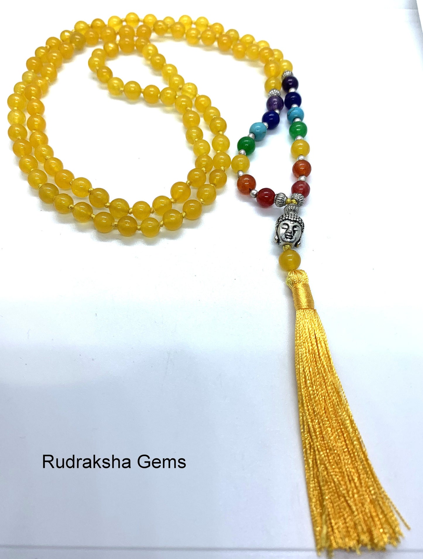Yellow Jade 7 CHAKRA  Premium Tassel Mala Gem Stones ,Japa Mala 108 + 1 beads Meditation Rosary Prayer Yoga Bead Reiki Necklace, Yellow Jade