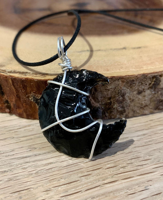 Black Obsidian Pendant, Crystal, Protection Necklace, Wire Wrapped silver Pendant, Boho Jewelry crescent, Reiki Energy Charged moon pendant