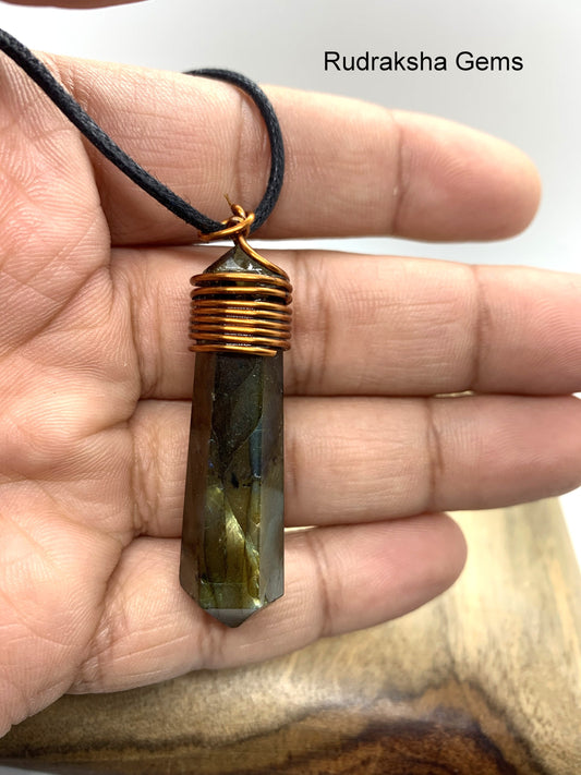 Genuine Labradorite Gemstone Point Necklace. Labradorite Bullet Copper wire wrapped Pendant Necklace, Crystal wire wrap healing pendant