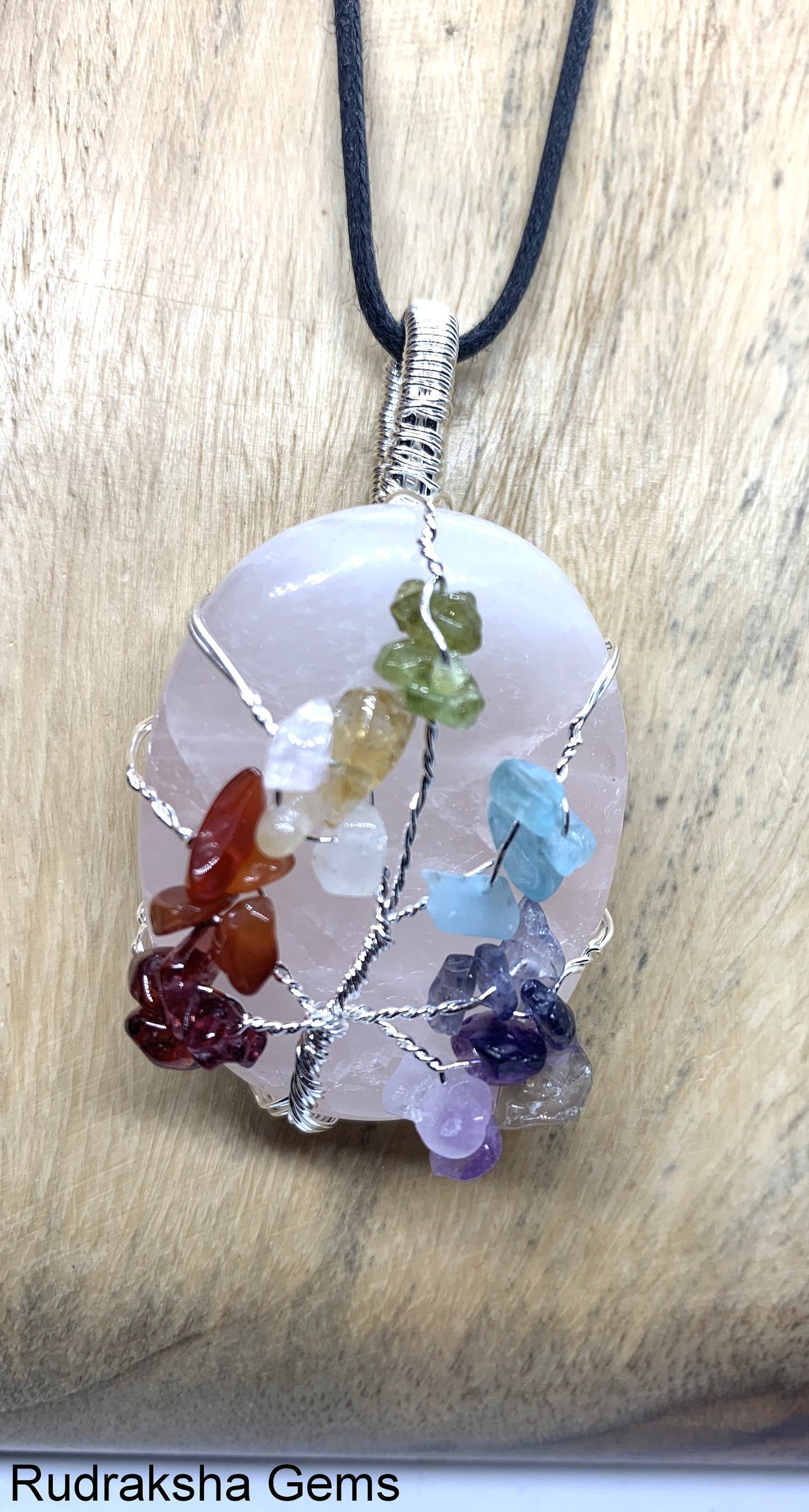 Rose Quartz Crystal Healing Pendant, 7 Chakra Pendant, Wire wrapped Natural gemstone Tree of life, Rose Quartz Cabochon necklace, Crystal
