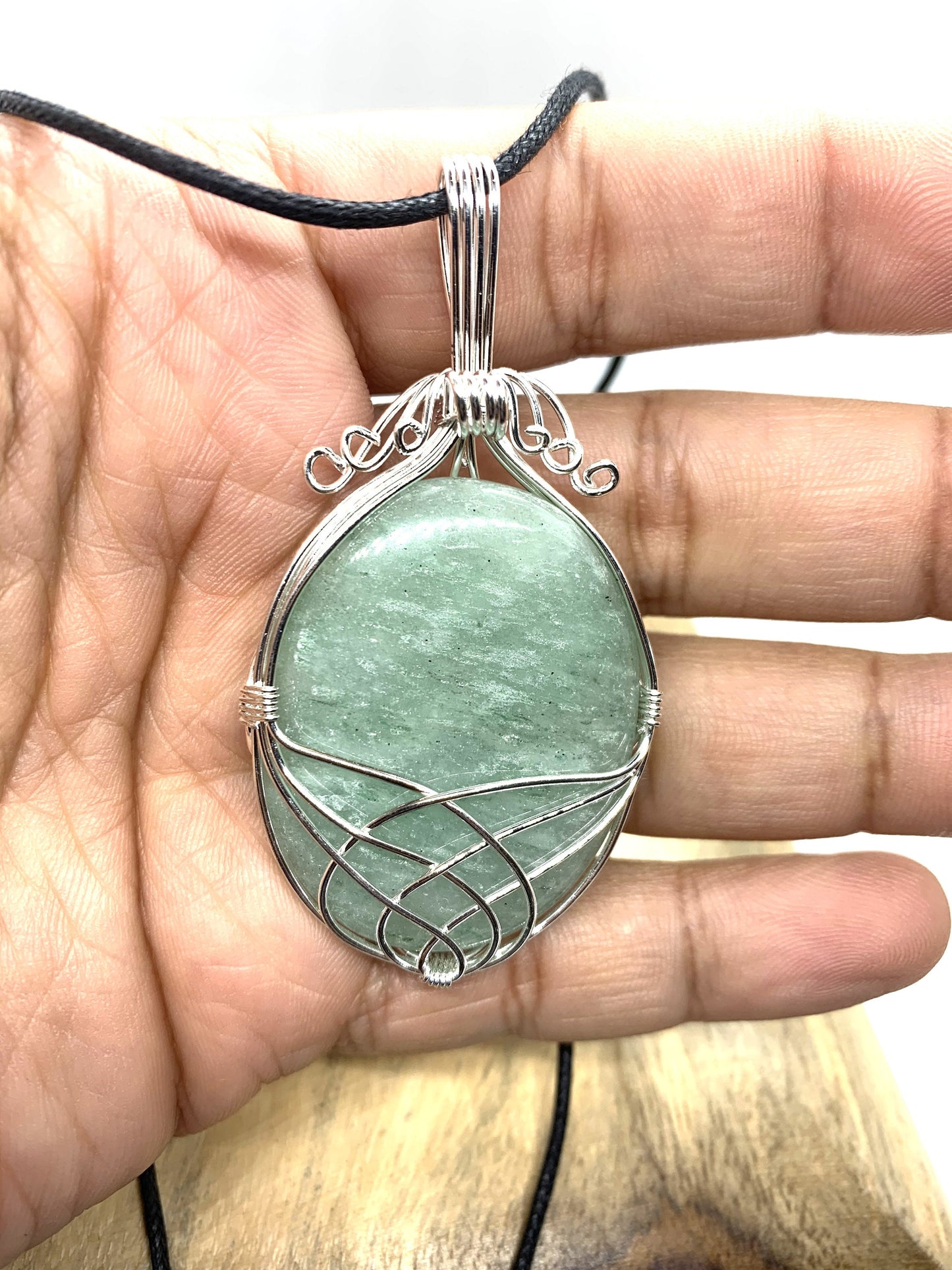 Green Jade wire wrapped crystal pendant necklace,  Cabochon Necklace - Natural Jade Wire Wrapped Stone - Silver Plated, Gifts for Women