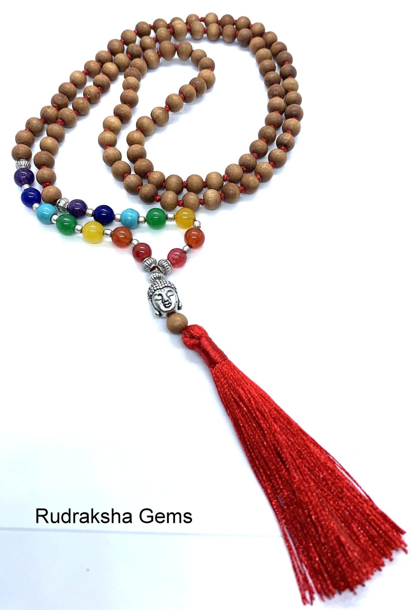 7 CHAKRA Sandalwood Premium Tassel Mala Gem Stones , Sandal wood Japa Mala 108 + 1 beads Meditation Rosary Prayer Yoga Bead Reiki Necklace