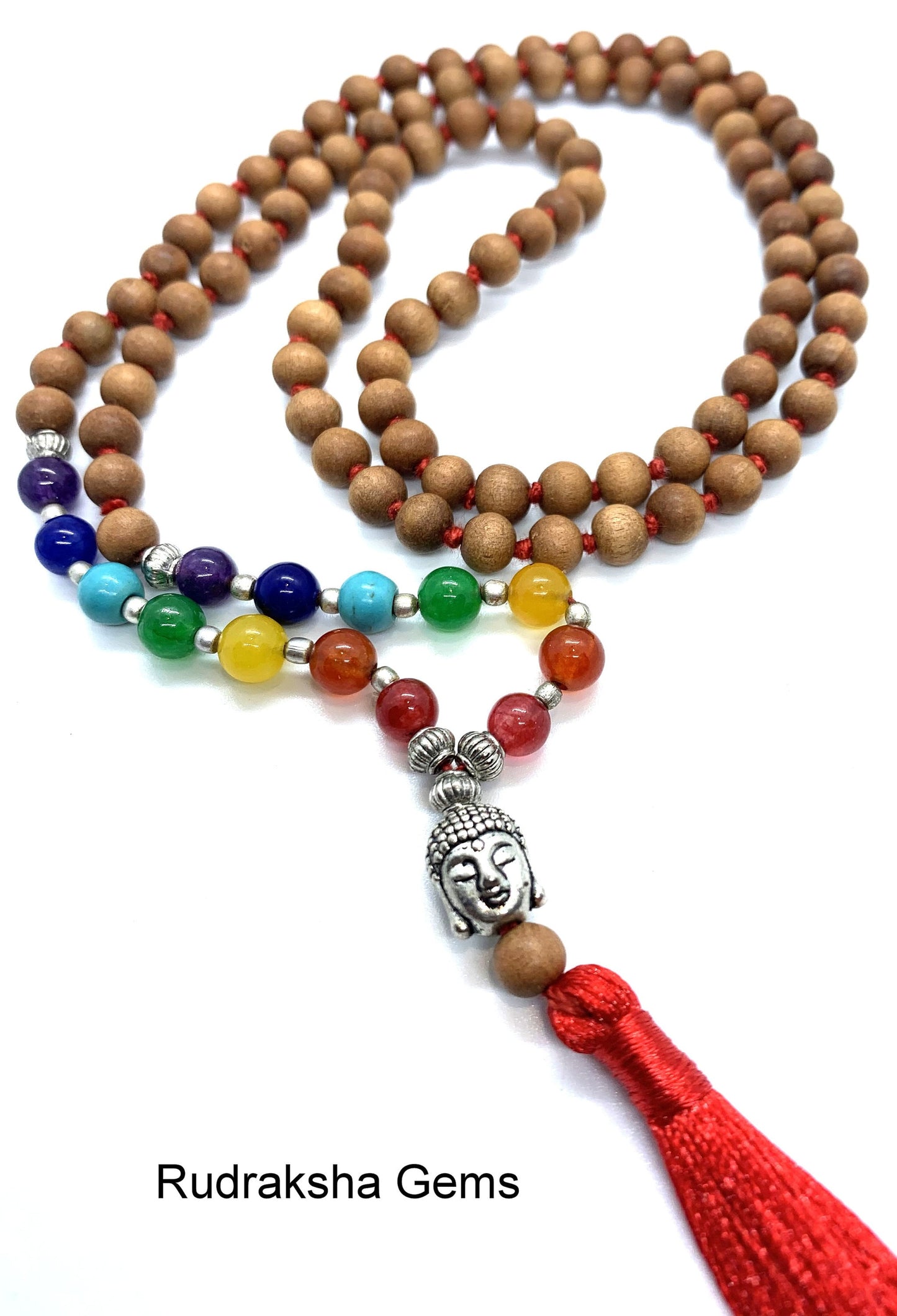 7 CHAKRA Sandalwood Premium Tassel Mala Gem Stones , Sandal wood Japa Mala 108 + 1 beads Meditation Rosary Prayer Yoga Bead Reiki Necklace