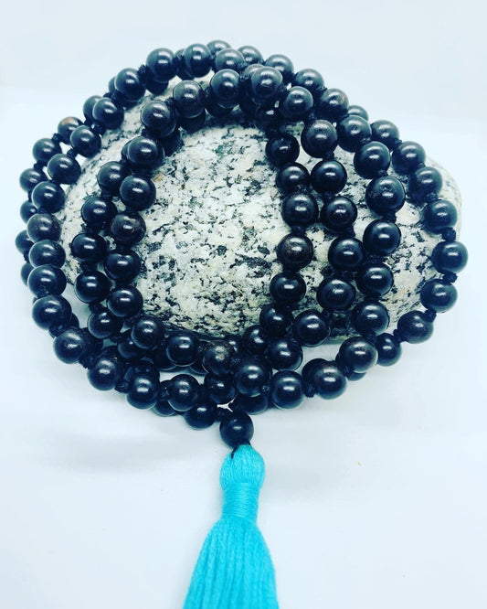 Ebony Wood 108 Knotted Meditation Mala with Turquoise Cotton String Tassel, Elegant Natural Design, Yoga Necklace, Ebony Wood 8mm beads mala