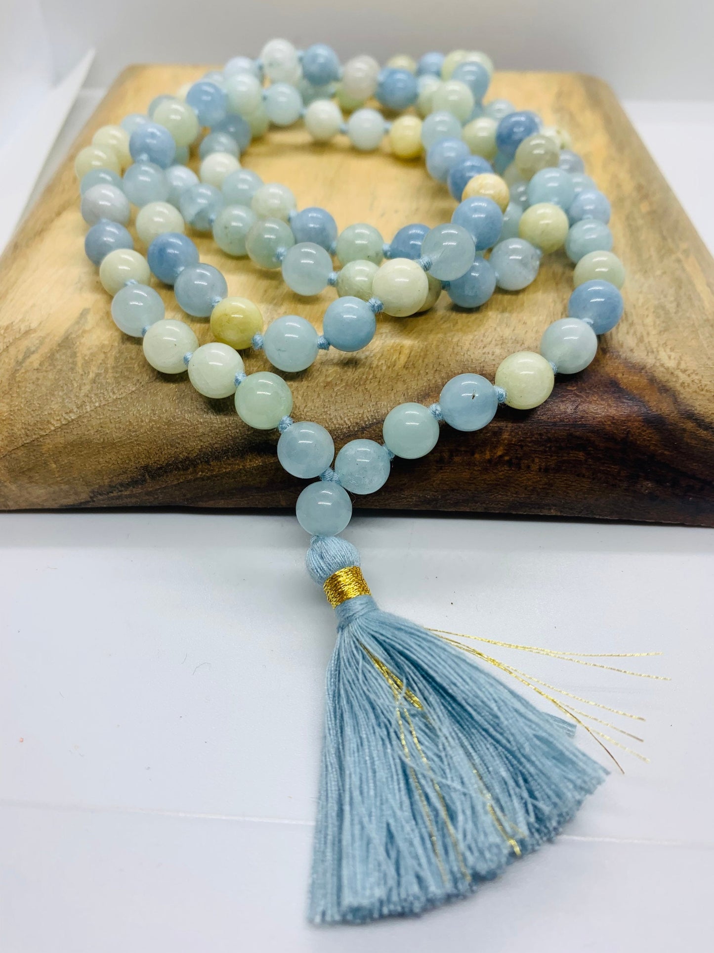 Aquamarine 8mm beads Necklace, Tassel mala, Prayer Necklace, 108 Mala Beads, Aquamarine Mala, Statement Necklace, Yoga Gifts, Spiritual Mala