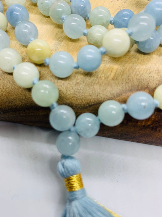 Aquamarine 8mm beads Necklace, Tassel mala, Prayer Necklace, 108 Mala Beads, Aquamarine Mala, Statement Necklace, Yoga Gifts, Spiritual Mala