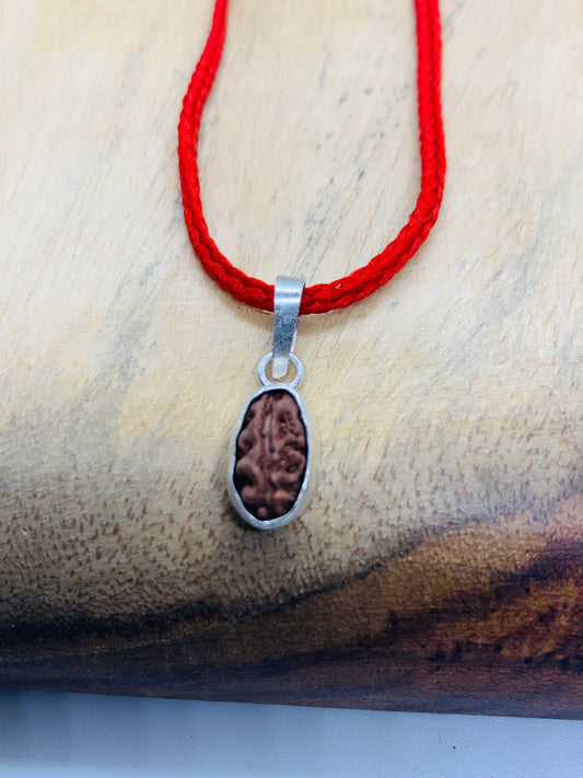 One mukhi bead in pure silver pendant From Indonesia, 1 mukhi Rudraksha pendant in pure silver, Small Rudraksha oval bead in silver caps