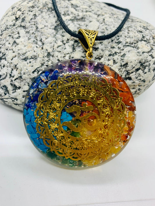 7 Chakra Orgone Pendant Energized, Orgonite pendant necklace with Brass Om coil, EmF Shield Reiki gift, Healing crystal orgone necklace gift