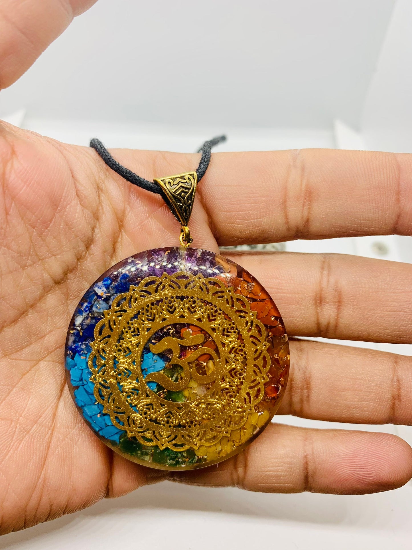 7 Chakra Orgone Pendant Energized, Orgonite pendant necklace with Brass Om coil, EmF Shield Reiki gift, Healing crystal orgone necklace gift