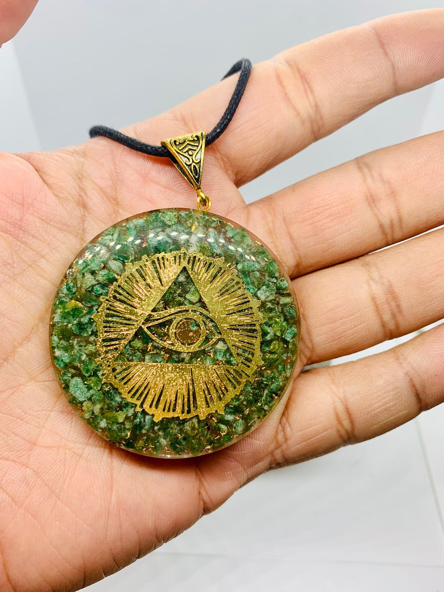 Green jade reiki Energy Charged Orgone Pendant, Eye of Horus brass coil Orgone pyramid necklace, EMF protection, orgone energy purifier