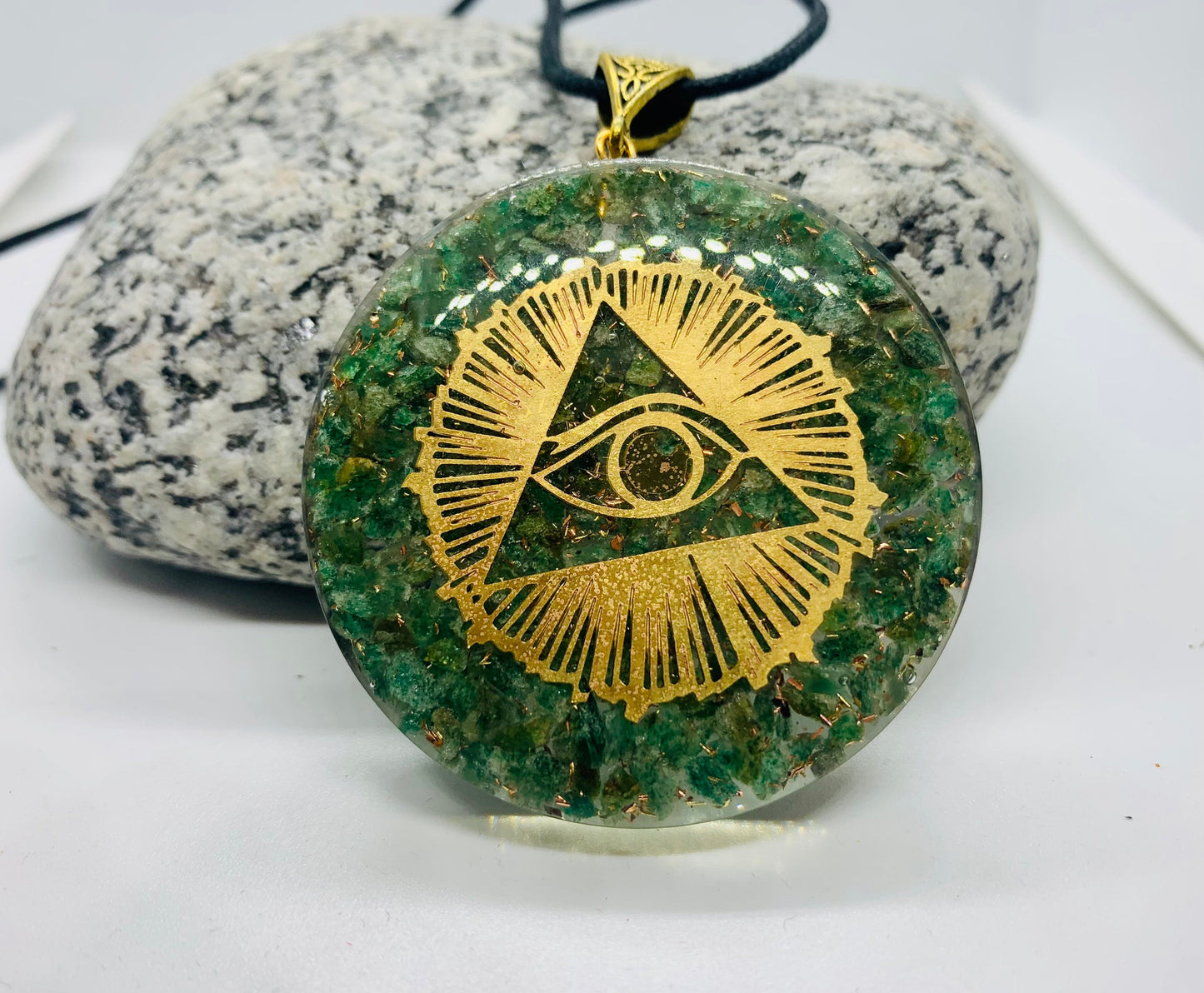 Green jade reiki Energy Charged Orgone Pendant, Eye of Horus brass coil Orgone pyramid necklace, EMF protection, orgone energy purifier