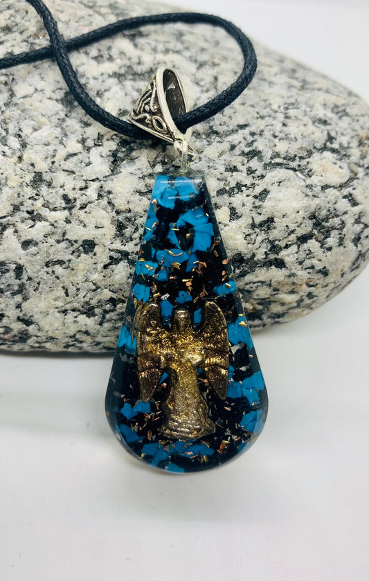 Turquoise & black obsidian reiki Energy Charged Orgone Pendant,  Angel silver coil Orgone pendant necklace, EMF protection, wedding gift