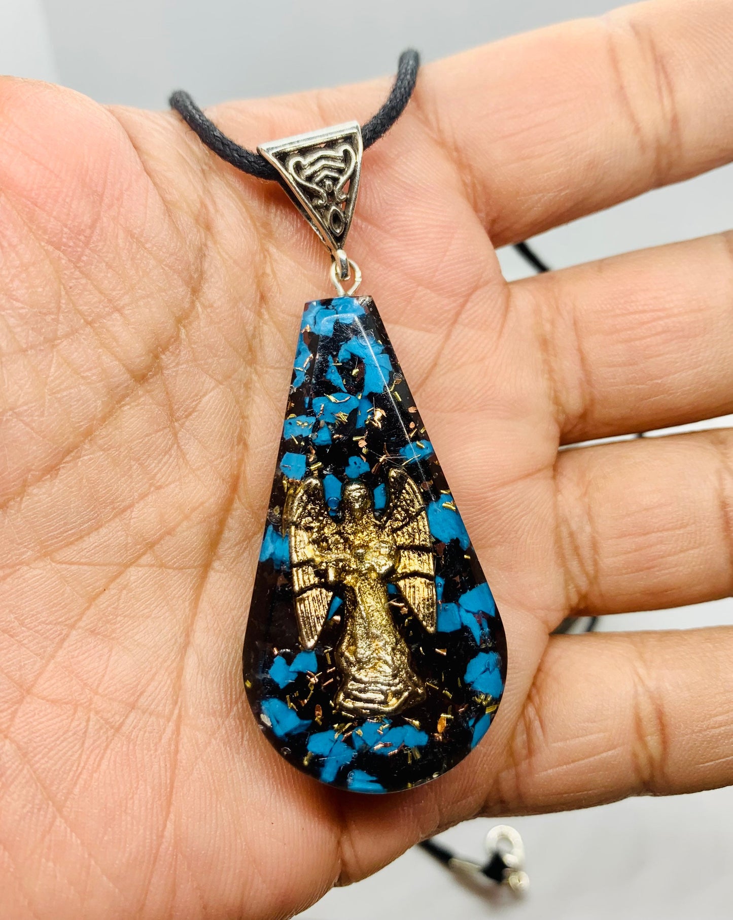 Turquoise & black obsidian reiki Energy Charged Orgone Pendant,  Angel silver coil Orgone pendant necklace, EMF protection, wedding gift