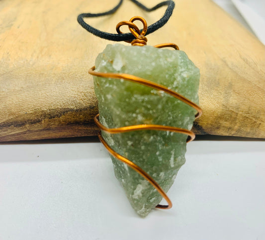 Green jade Copper Pendant, jadeite Reiki Charged Cord Necklace, Green jade raw necklace, Wire Wrapped Jewellery Gift for him her, love stone