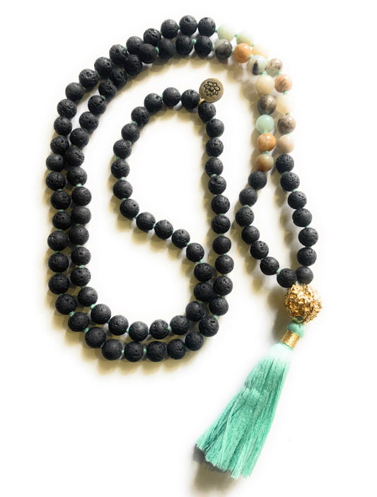 Amazonite lava stone mala - 108 beads hand knotted mala- turquoise long tassel - Golden Brass guru bead with lotus charm necklace mala