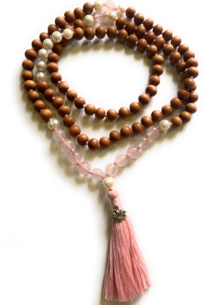 HEALING Mala - Sandalwood, Rose Quartz & Pearl Mala - love, adventure, wisdom women's tassel necklace | 108 beads with Pink Tassel and Lotus