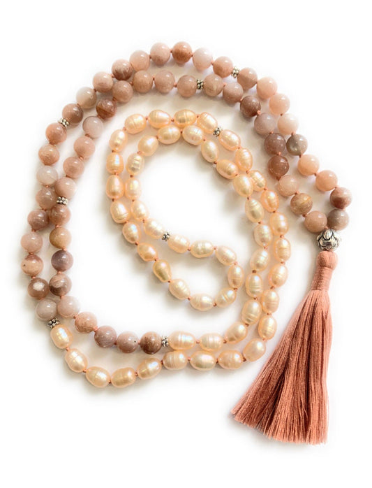 Fresh Water Pearl mala 108 BEADS Mala necklace Pink aventurine mala 108 Peach aventurine stone Wrist mala Yoga mala Pearl jewelry Knotted