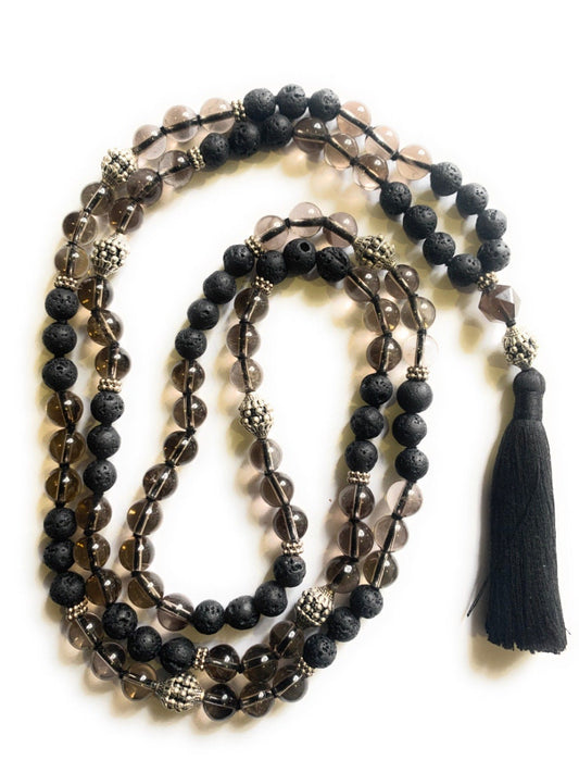 Lava rock mala, 108 beads mala necklace,Premium mala beads , Smokey quartz mala, Black lava stone necklace, Hand knotted mala beads necklace