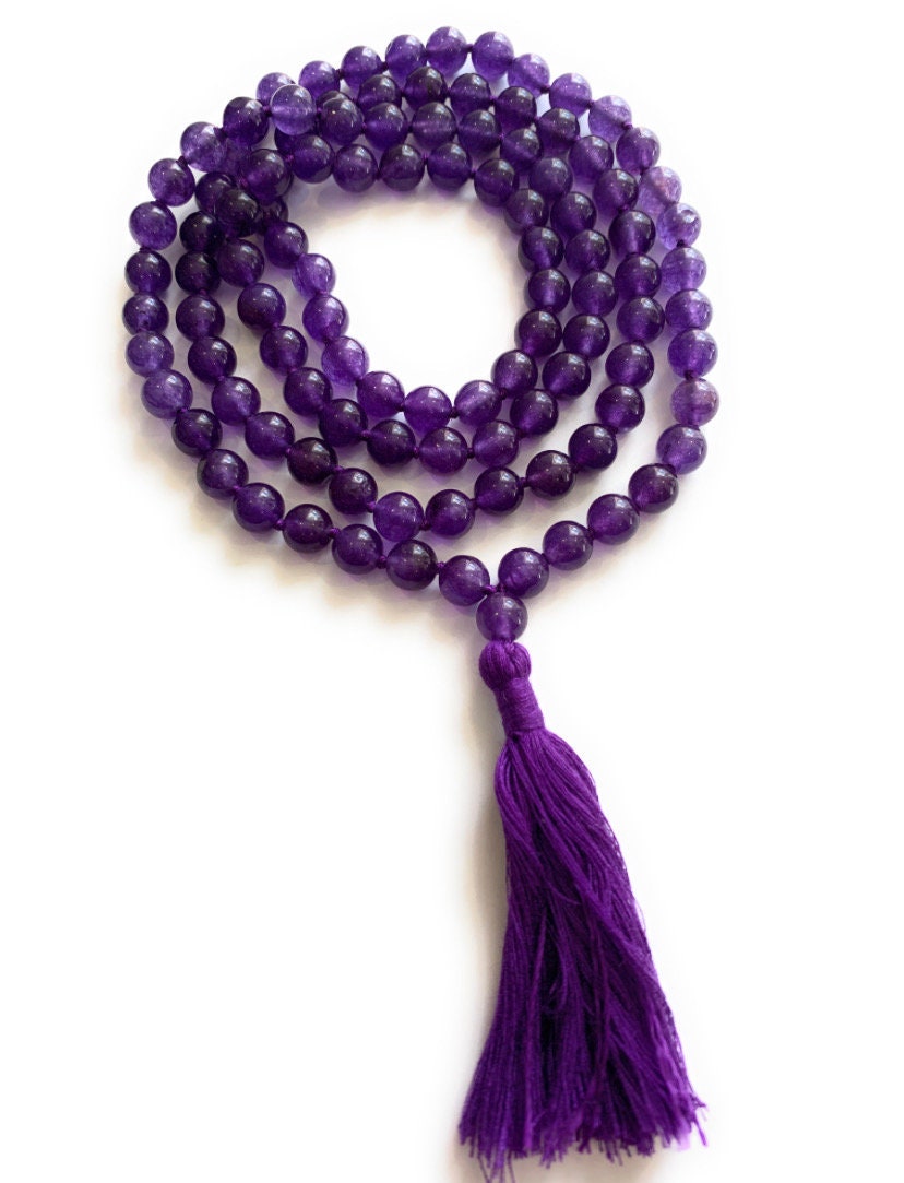 Amethyst Mala Beads, 108 bead Mala, Tassel Mala Necklace, Prayer Beads, Yoga Jewelry, Amethyst Necklace, Japa Mala, Meditation Mala Rosary
