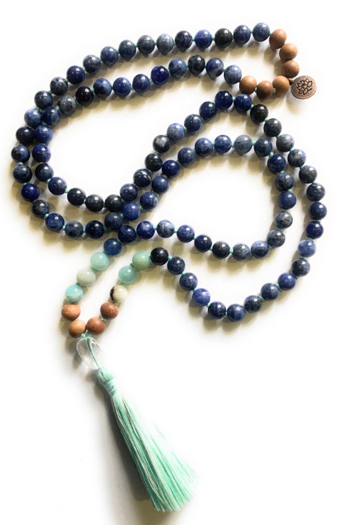 Sodalite, Amazonite, Sandalwood & Clear Quartz Guru Bead Mala with Lotus Charm YOGA JAPA Mala Rosary Beads Handmade premium OM