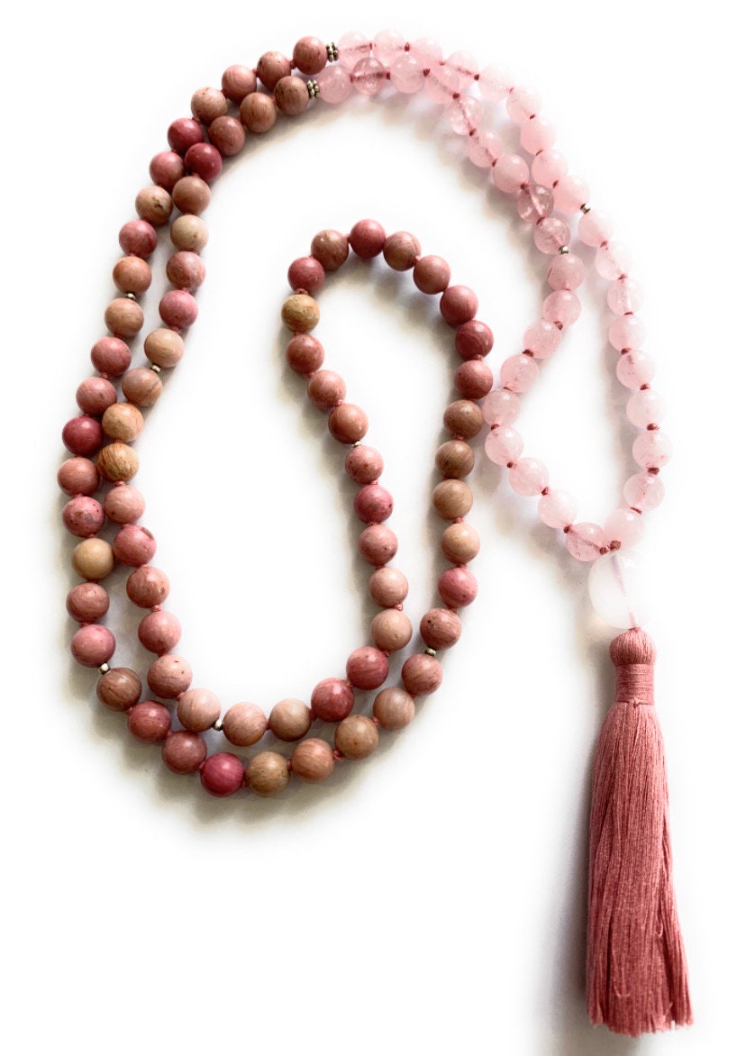 Rhodonite &  Rose quartz mala necklace 108 Healing crystals and stones Yoga mala beads Rose quartz necklace Heart chakra crystal mala