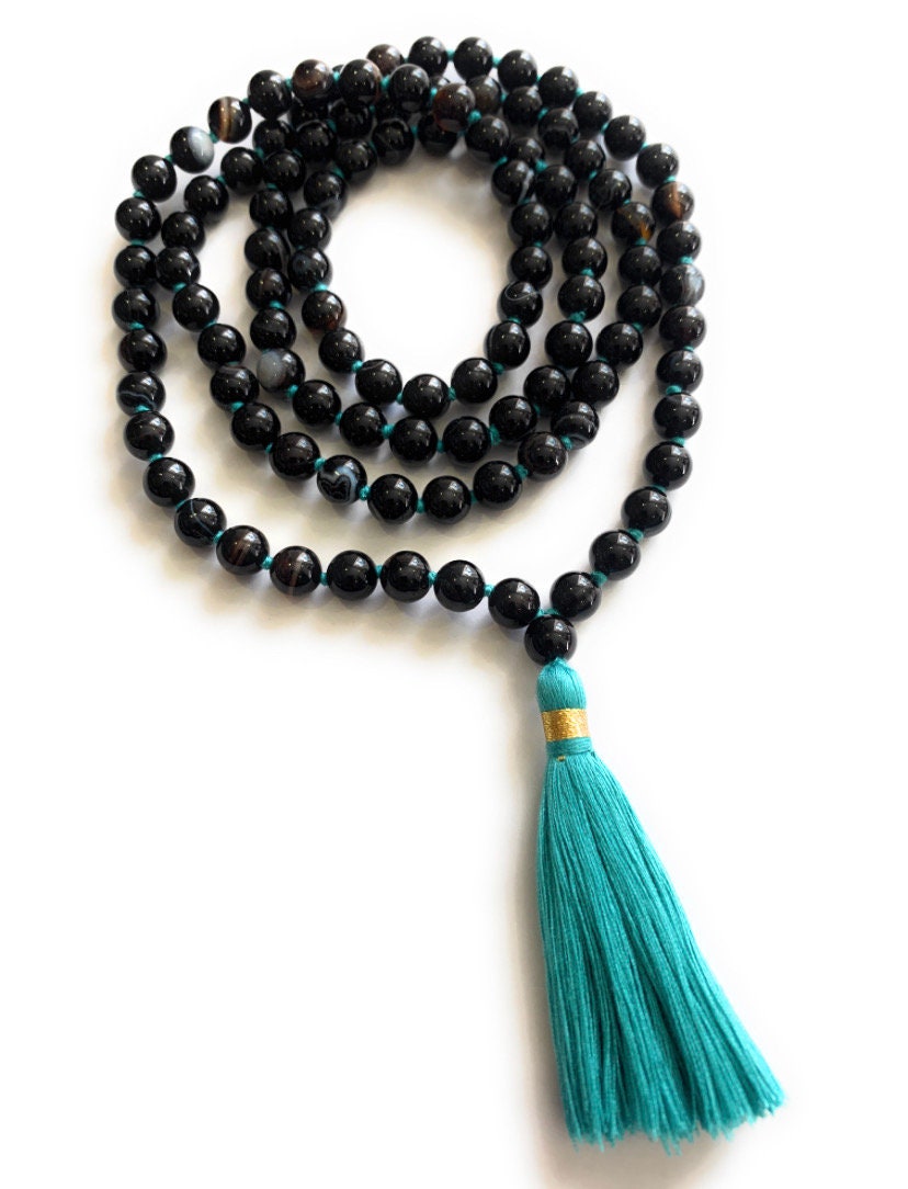 BLACK TOURMALINE NECKLACE, Stone with white stripes, Protection Mala, 108 beads Rosary, protection from Negative energies and bad aura