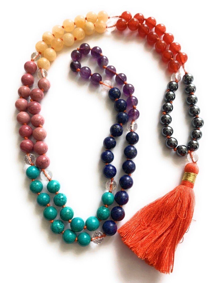 CHAKRA Mala Original Gem Stones Premium Japa Mala 108 + 1 beads Meditation Rosary Prayer Yoga Bead Reiki Necklace premium Seven RAINBOW OM